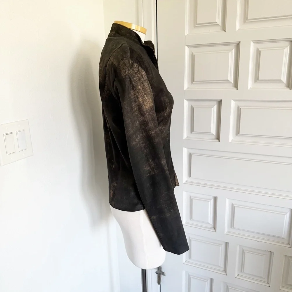 Cigno Nero Black Leather Jacket Fitted Coat Metallic Gold Size 40